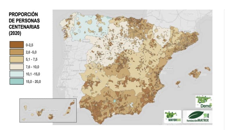 longevidad poblacional y personas centenarias en España. Gráfico de centenarios en España