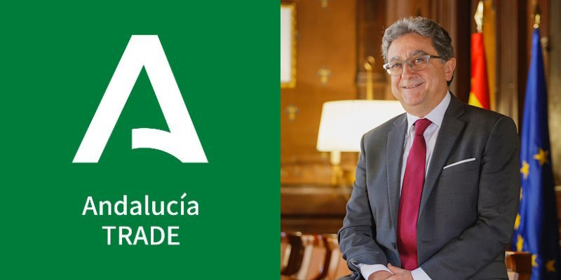 Andalucía TRADE y Enric Millo. Logo de TRADE y foto de Enric Millo